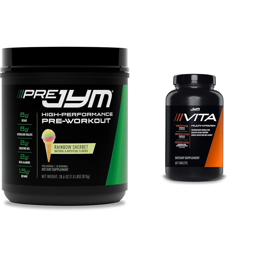 JYM Supplement Science Pre Jym Rainbow Sherbet Pre-Workout, 30 Hizmet & Vita JYM Multivitamin for Athletes, 60 Tabletler Paketleri