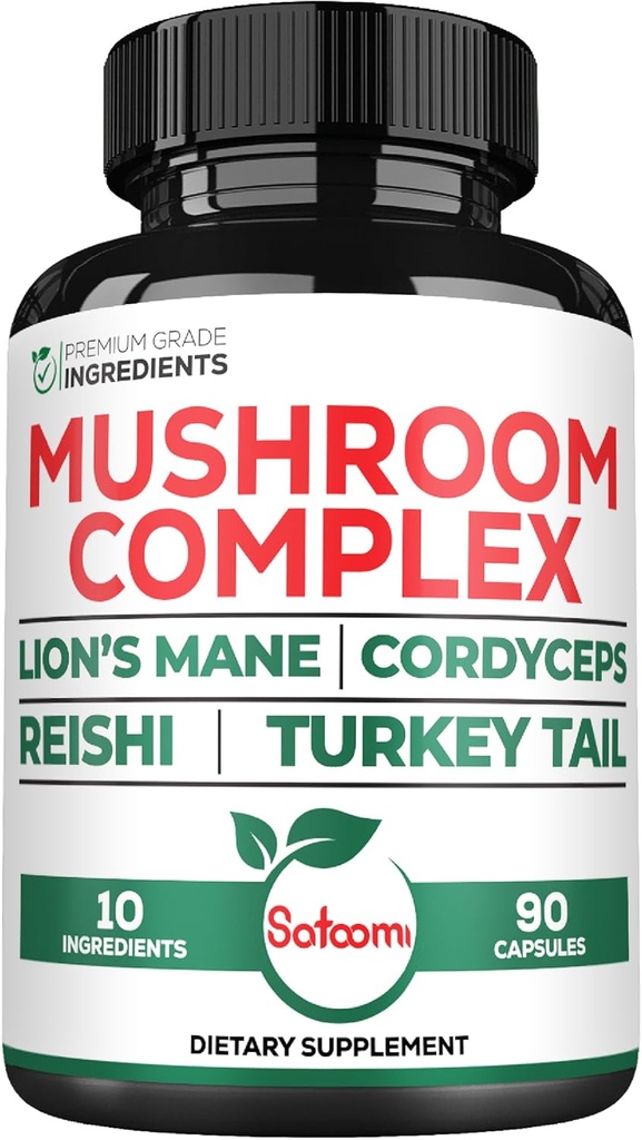 Satoomi 10in1 Lions Mane Supplement Kompleksi - Cordyceps Sinensis, Reishi Mushroom, Türkiye Tail Mushroom & Diğerleri - 3 Ay için 90 Kont