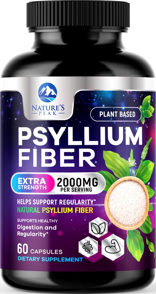 Psyllium Husk Fiber Supplement 1500 mg - Vegan Prebiyotik, Günlük Digestive Health & Regularity Support, Natural Psyllium Toz Caps, Sugar-Free, Non-GMO & Gluten-Free - 60 Capsules