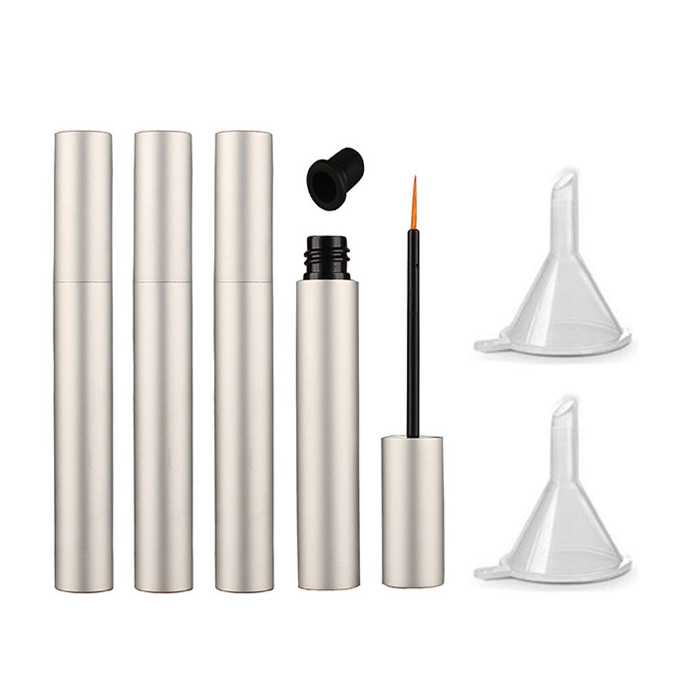lasenersm 4 Pieces 5 ml alüminyum Boş Gözlü Tubes Reablefill Eyelash Büyüme Sıvı Şişe Plastik Gözlü Vials Tube with Brush Eyelash growth Oil Mascara Tube with 2 Mini Funnels, Matte-Silver
