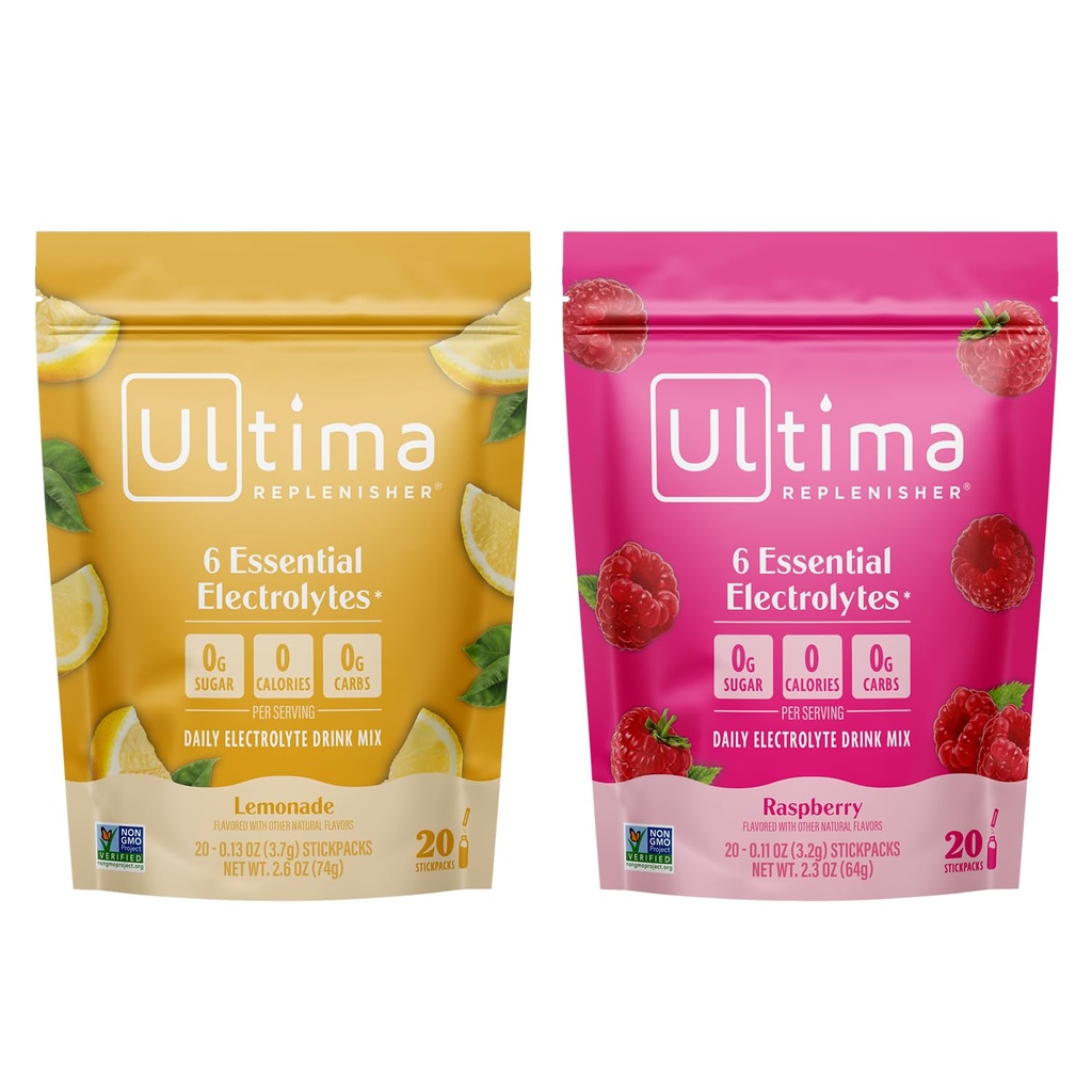 Ultima Replenisher Electrolyte Toz İçecek Mix Sche – Sugar Free – Lemonade ve Raspberry, 20 Stickpacks – 6 Electrolytes and Minerals – Keto Friendly, Vegan, Non-GMOMOMO