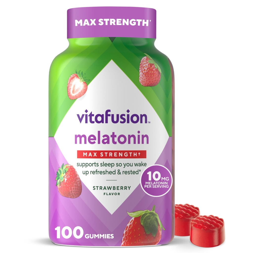 vitafüzyon Max Strength 10 mg Melatonin Gummies, Strawberry Flavored, Yetişkin Melatonin Gummy Vitamin Supplement, 100 Kont, 50 Day Supply