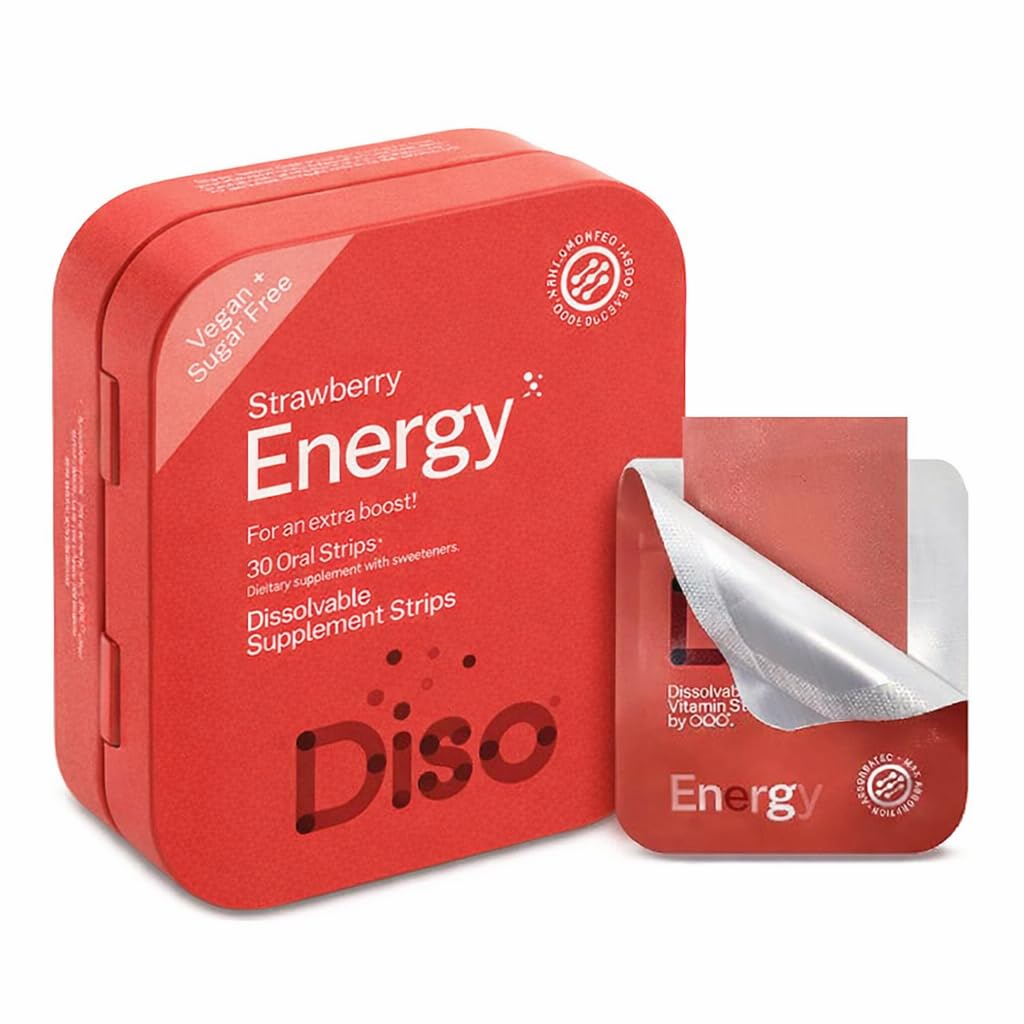 DISO - Enerji - Caffeine Strips'ı Vitaminler, Strawberry Flavor, Vegan, Sugar Free, High Abxia, Gluten Free, Bireysel olarak yuvarlandı, 30 Dissolvable Strips