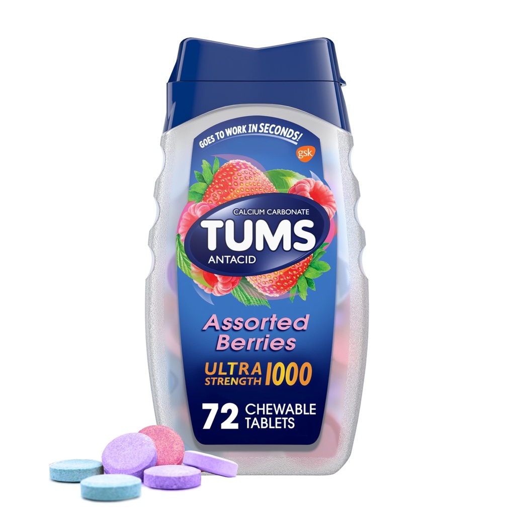 TUMS Ultra Strength Chewable Antacid Tabletleri Heartburn Relief ve Acid Indigestion Relief, Assorted Cave - 72 Kont