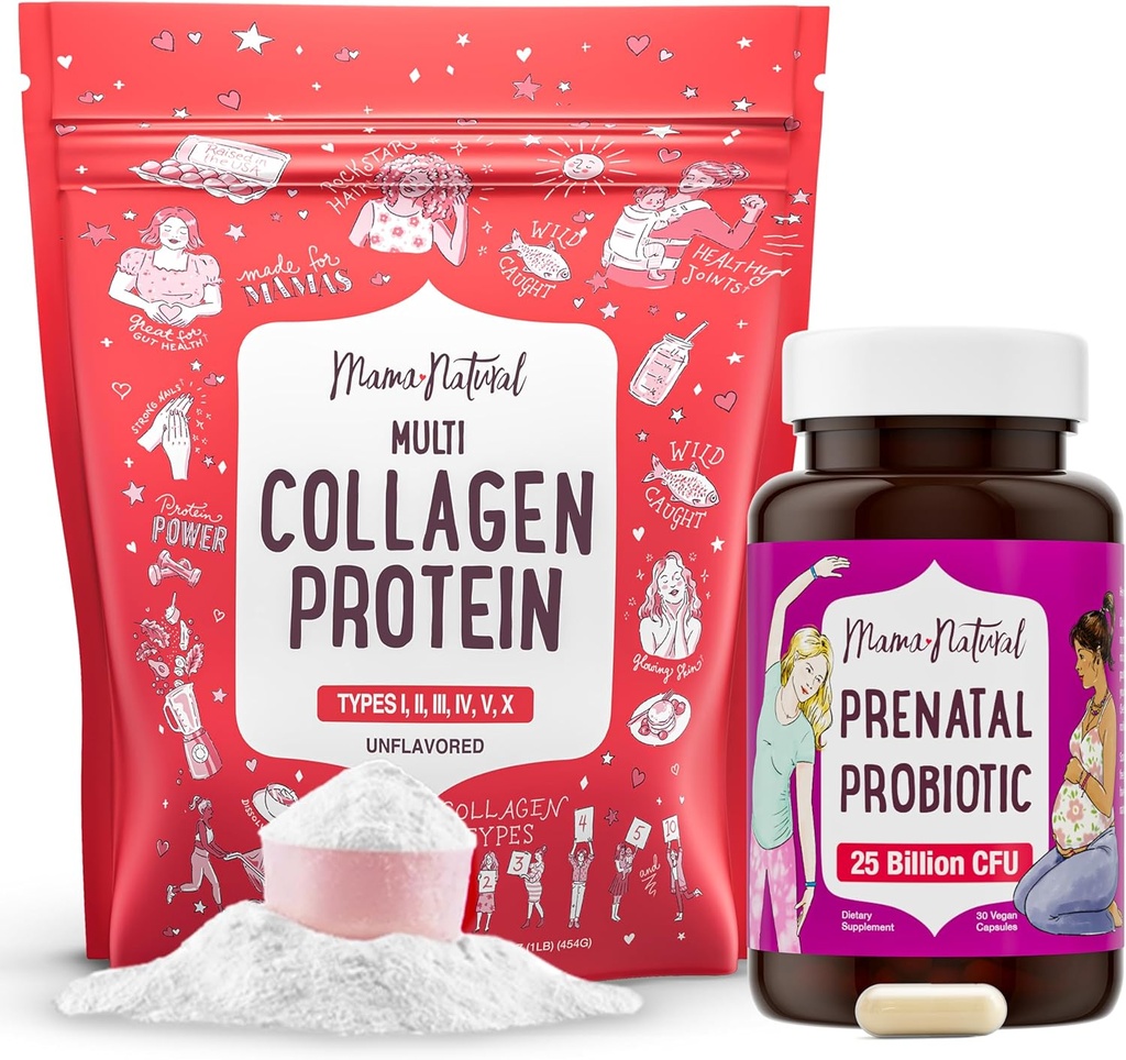 Mama Natural Prenatal Probiyotik & Multi Collagen Protein Sche - 25 Milyar CFU & 11g Hidrolyzed Collagen peptides for Gebelik, Hair, Skin, Nails & Digestive Health Support