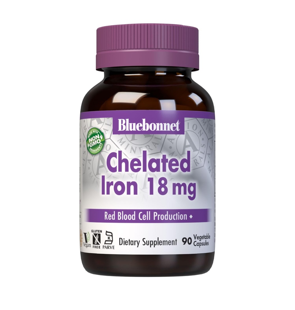 Bluebonnet Beslenme Chelated Iron 18 mg - non-constipating Iron - Soy-Free, Gluten-Free, Non-GMO, Kosher Sertifikalı, Süt-Free, Vegan - 90 Sebze Kapsülleri, 90 Hizmetler