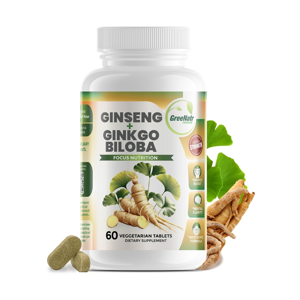 GreeNatr Ginko Biloba & Panax BTC Supplement - Red BTC Beyin Supplement for Memory and Focus - Ginkgo Biloba Supplements for Good Vision, Immune System and Improv Blood Flow - 60 Tabletler