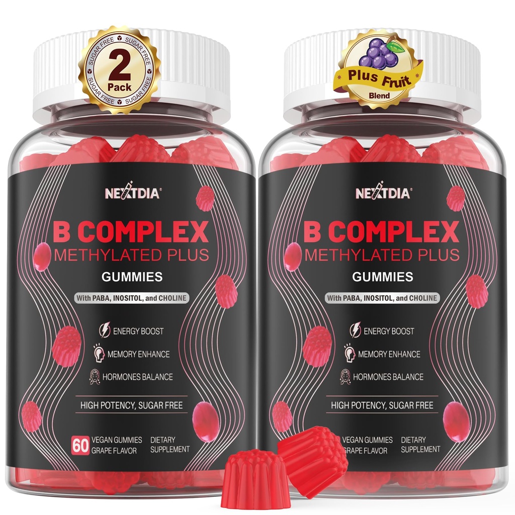 Brain & Mood Support Gummies, Super Vitamin B Kompleks for Men & Women, All B1 B2 B3 B5 B6 B7 Folate MethyB12 with PABA, Inositol, Choline, Supports MTHFR Gen & Energy, Vegan, 120Ct
