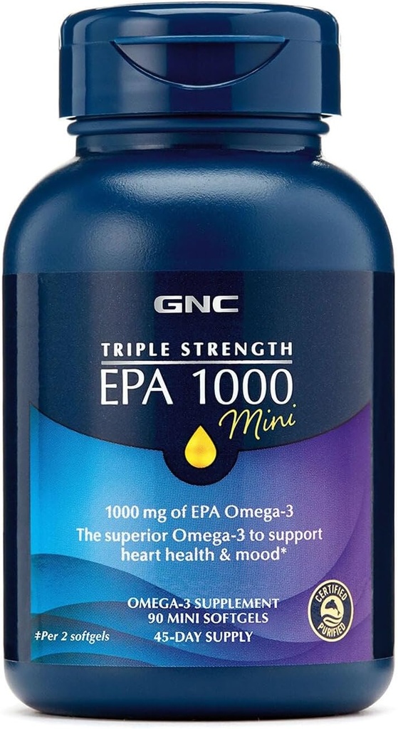 GNC Triple Strength Fish Oil EPA 1000 Mini, 1000 mg Omega 3, Mini Softgels, Supports Eye, Brain, Skin, Sağlıklı Triglycerides, Heart, Ortak, Fishy Burps'ı Kontrol etmek için kaplamalar, 45 Hizmetler