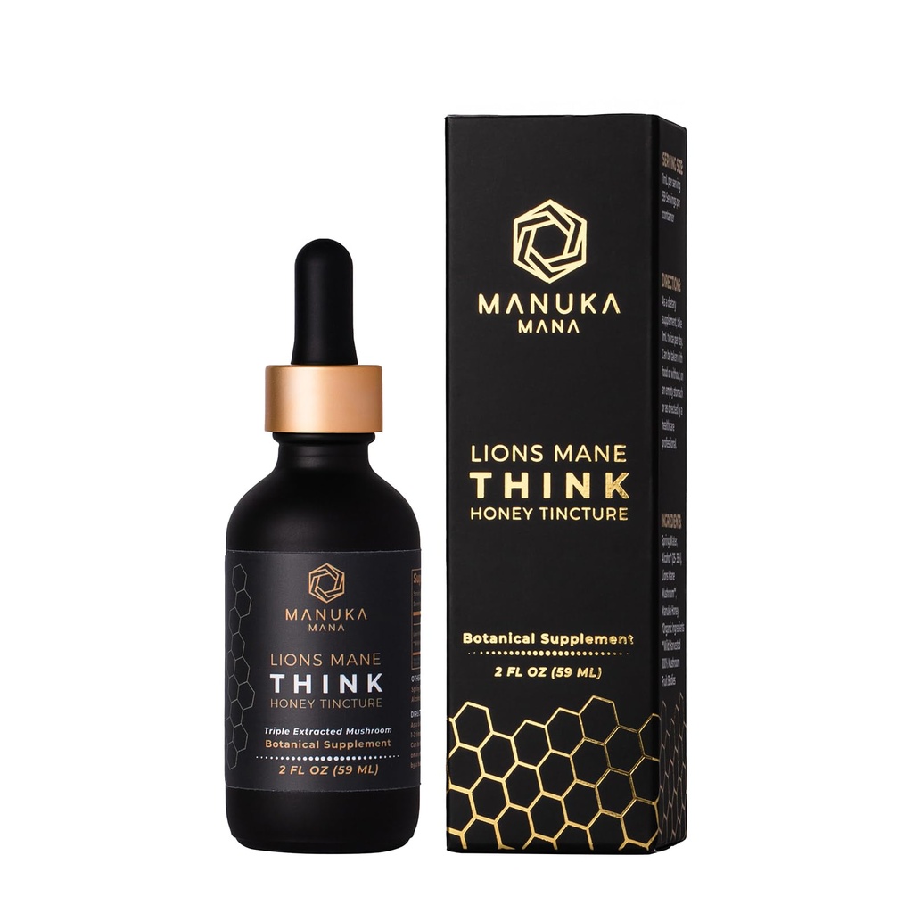 Lions Mane Honey Tincture USA Wild Harvested Lions Mane, Triple Extracted Tincture, Manuka Honey (MGO 150+), 100 Meyveli Vücut, 2 fl oz (60 Hizmet)