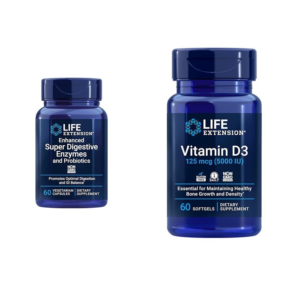 Life Extension 60-Count Super Digestive Enzymes & 5000 IU Vitamin D3 Capsules for Digestion, Bone, Brain, Immune Health