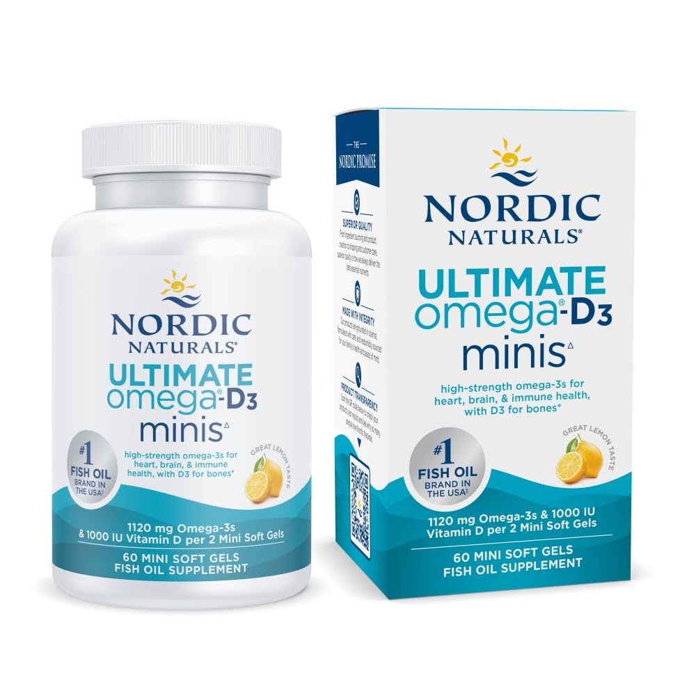 İskandinav Naturals Ultimate Omega Mini D3, Limon Flavor - 60 Mini Soft Gels - 1120 mg Omega-3 + 1000 IU Vitamin D3 - EPA & DHA - Beyin ve Kalp Sağlığını Teşvik - 30 Hizmet