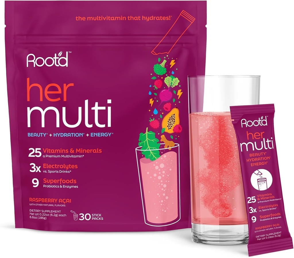 Root'd Multivitamin Toz for Women - 25 Vitamins & Minerals with 3X Electrolytes, 9 Organik Superfoods, Probiyotiks & Enzymes, Sugar-Free Multivitamin & Hydration | 30 Vitamin İçecek Mixets