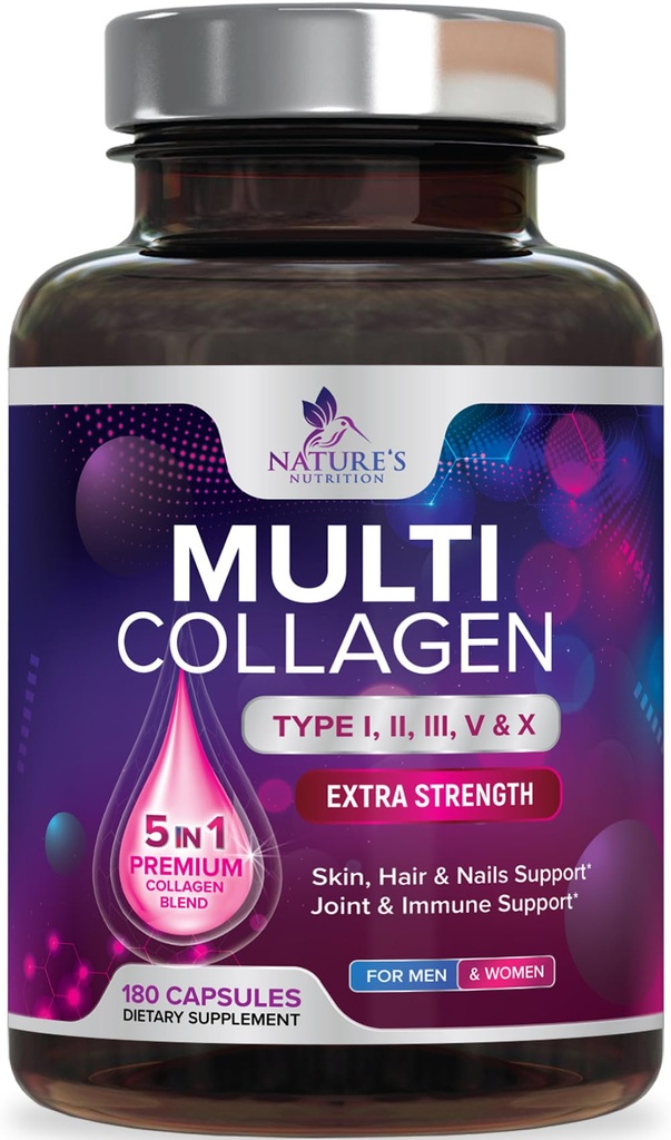 Multi Collagen Complex Pills - Hydrolyzed Collagen Peptides Capsules for Women & Men - Types I, II, III, V, X Multi Collagen - Hair, Skin & Nails Support Supplement - Bottled in USA - 180 Capsules