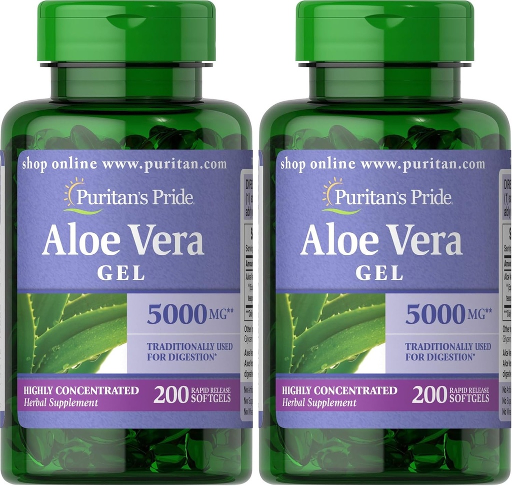 Puritan's Pride Aloe Vera Extract 25mg (5000 mg Equivalent) Softgels, 200 Kont (Pazar Mayıs Vary) (Pack of 2)