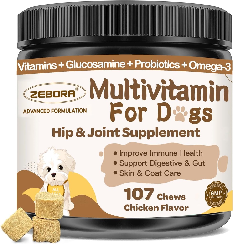 Genel Sağlık için Minerallerle Multivitamin - Glucosamine ile Köpek Vitaminleri ve Tamamlar, Puppy & Senior Dogs için Probiyotikler - Omega 3 Fish Oil for Skin & Coat - 107 Chews