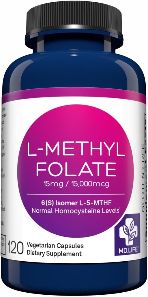 MD Life L-Methylfolate 15 mg Supplement - Profesyonel-Grade Active L Torchfolate Supplement - 120 Capsules - L-Methylfolate 15 mg - maksimum Potency MTHFR W / Essential Amino Asits