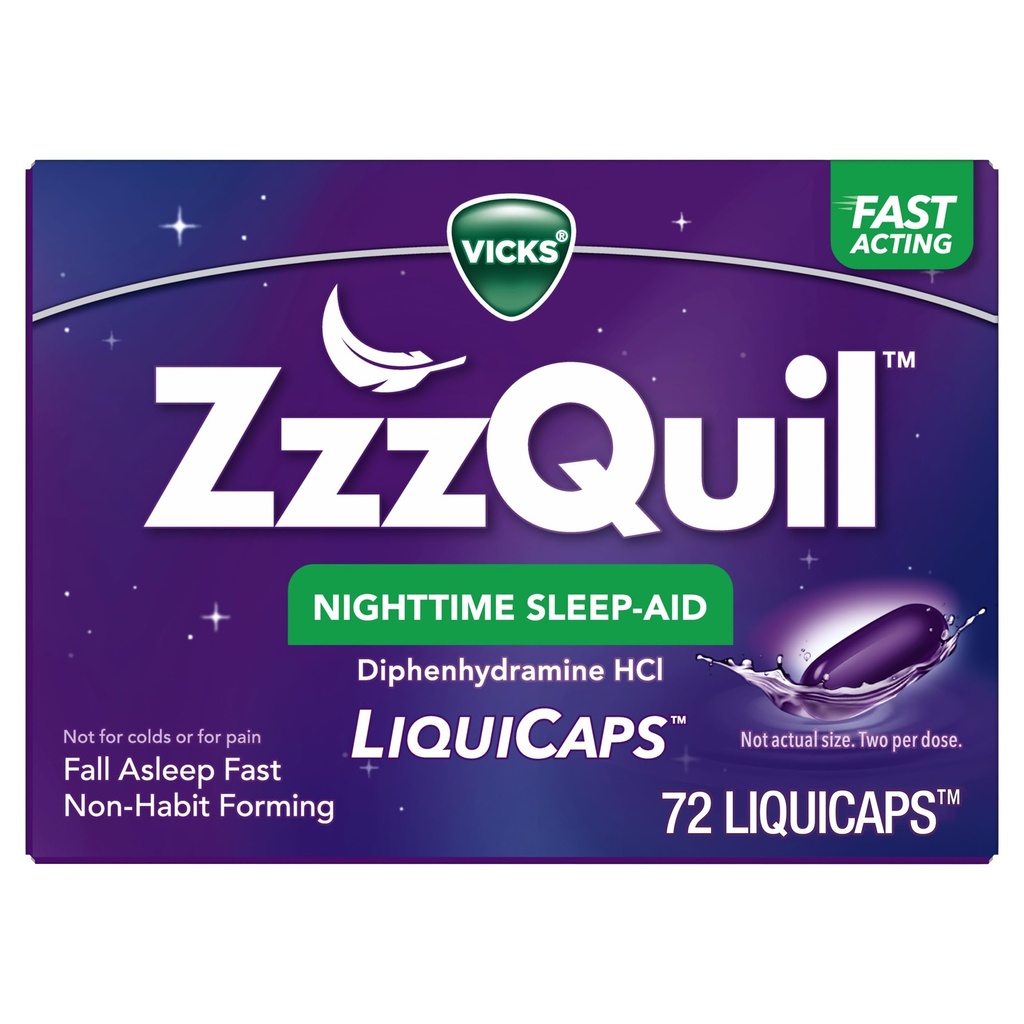 ZzzQuil LiquiCap Sleep Aid, Diphenhydramine 25 mg HCl, Yetişkinler için Uyku Aids, Nighttime Sleep Aid, 72 LiquiCaps