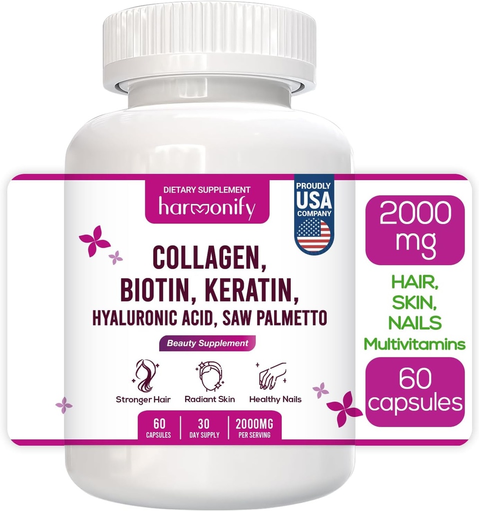 Collagen Biotin Keratin Hyaluronic Asit Kompleksi Vitamin E, Folic Acid, Riley Seed ve MSM, 60 Capsules, 1000 mg