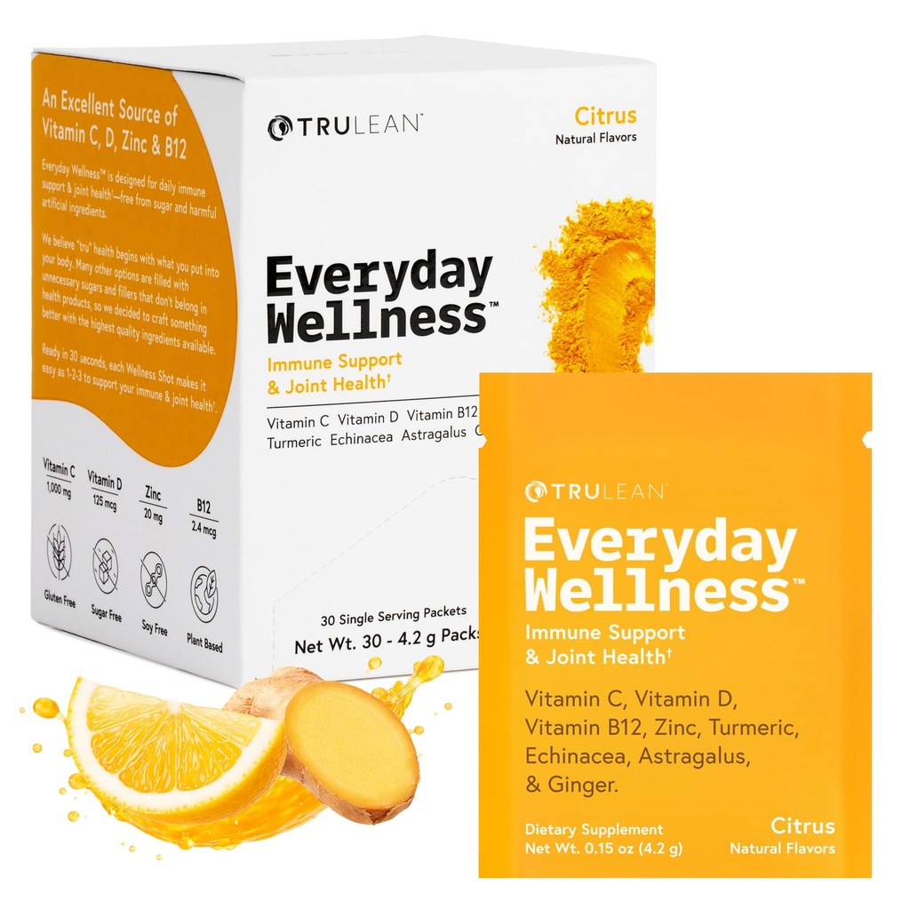 TRULEAN Günlük Wellness Shot Toz - Turmeric, Ginger, C, Immunity & Immune Support Supplement - No Yapay Malzemeler, No Sugar & Gluten Free - 30 Packets Citrus Flavor