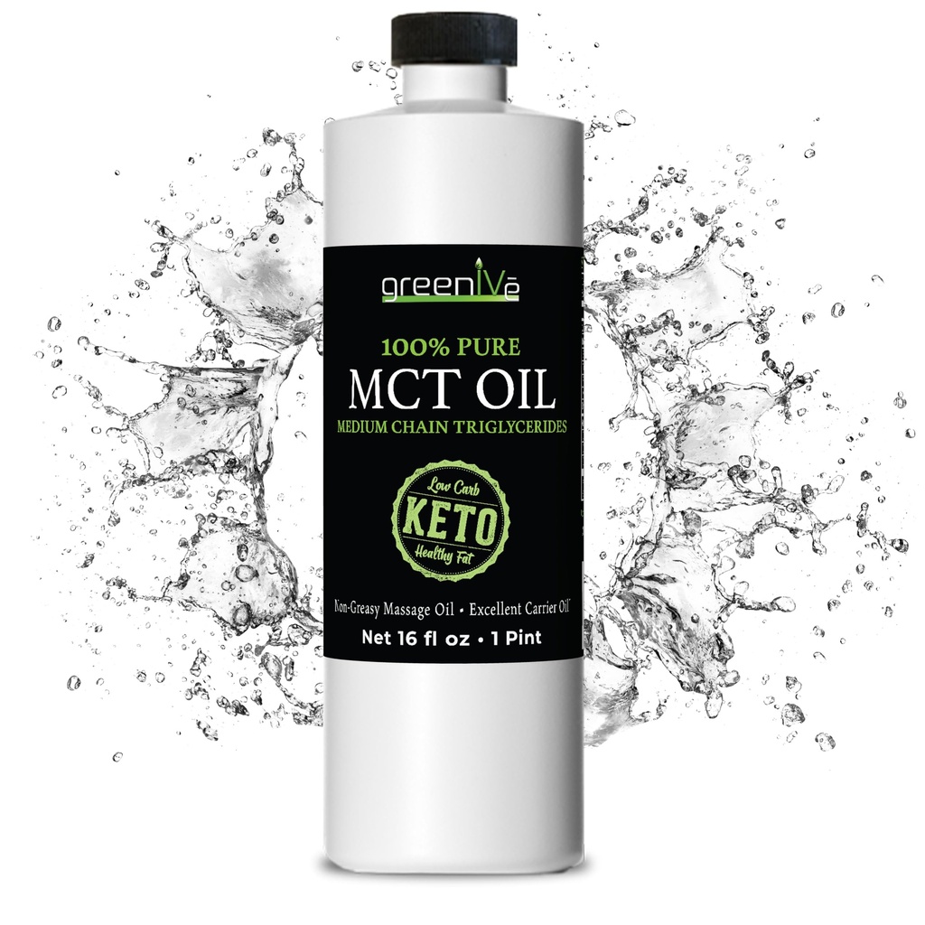 GreenIVe MCT Oil 100% Pure C8 C10 Caprylic Capric Acid Non-GMO Keto Paleo Bulletproof Coffee Creamer Energy Fuel Carrier Oil Skin Hair Massage Oil Fractionated Coconut Oil Alternative 16 fl oz