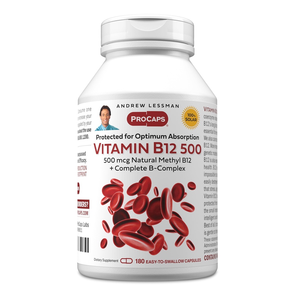 ANDREW LESS VitaminMAN B12 500 180 Capsules - Abhidrasyon- Korumalı Mekobalamin (Doğal Coenzyme Vitamin B12), Enerji ve Stres Desteği için Temel, Plus B-Complex, Swallow Capsules kolay