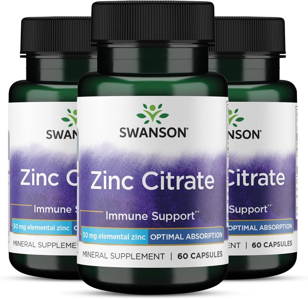Swanson çinko Citrate - Mineral Supplement Sağlıklı Vizyon ve Immune Sistemi Sağlık - Doğal Formula Genel Wellness - (60 Capsules, 50 mg Her) 3 Pack
