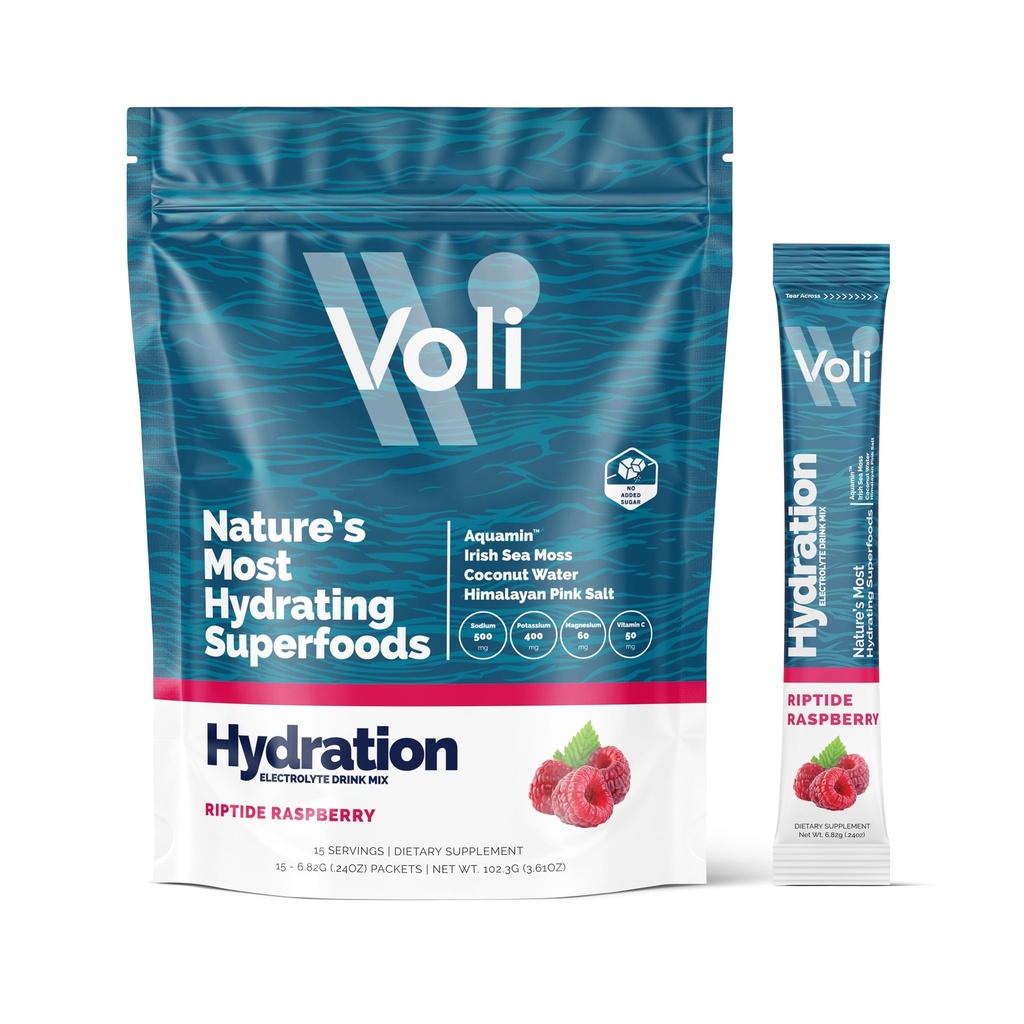 Voli Electrolytes Toz Paketleri | Hiçbir Ek Olmayan Sugar Electrolyte Drink Mix for Hydration | Keto & Fasting Friendly, Natural Superfoods & Minerals | Raspberry 15Count