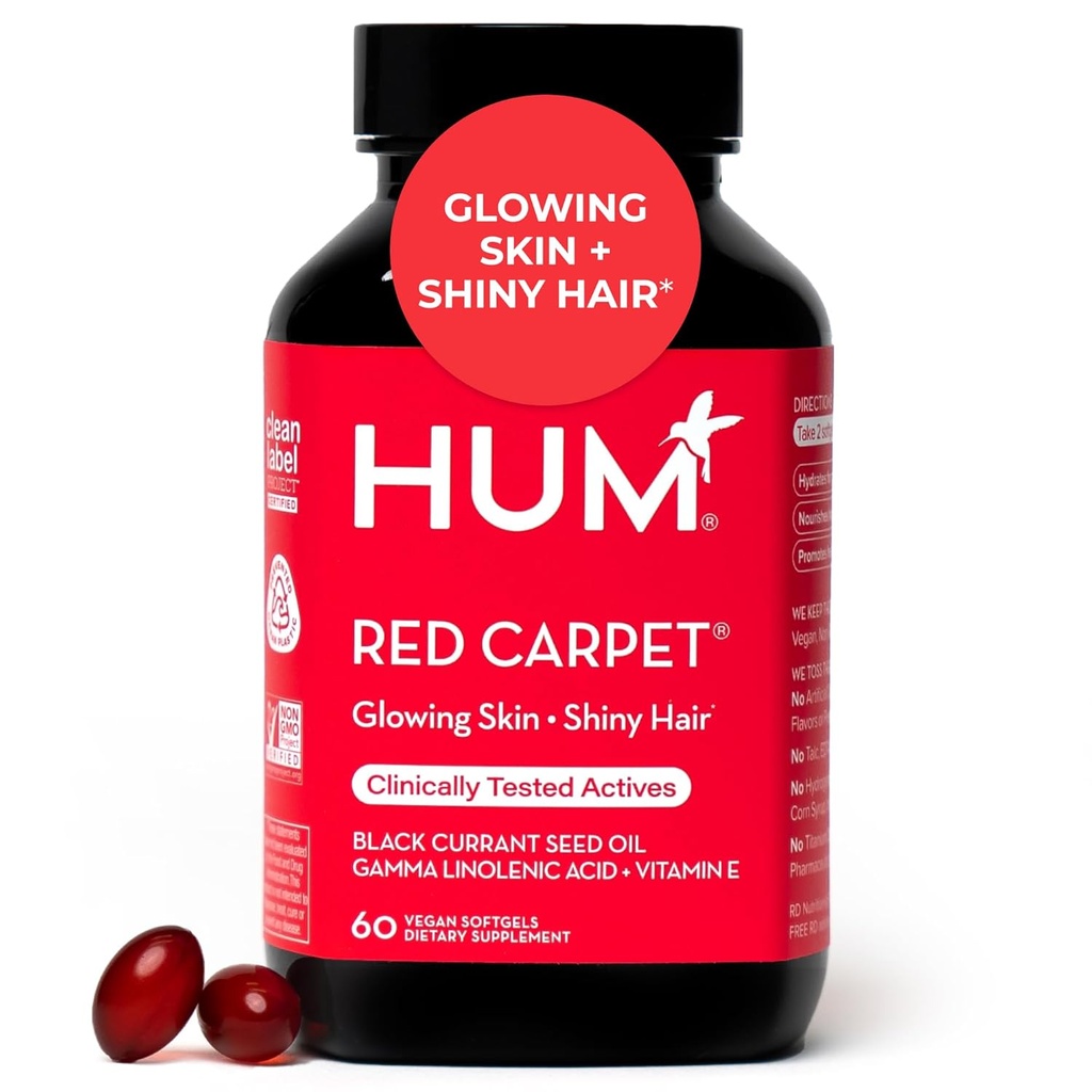 HUM Red Carpet Skin & Hair Vitamins for Women with Omega 3 Fatty Acids, Vitamin E, and Black Currant Seed Oil, Supplement for Skin Health & Healthy Hair Follicles Support, 60 Count