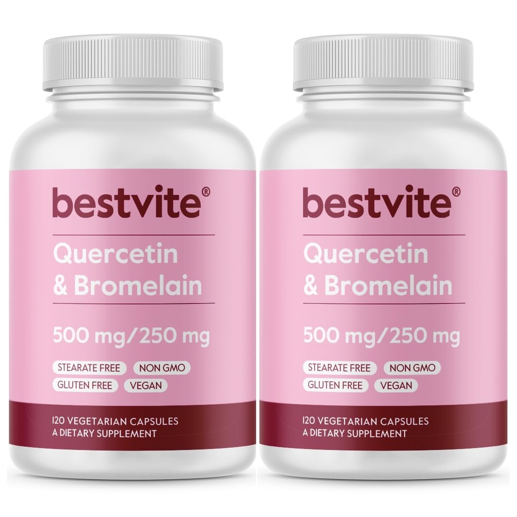 BESTVITE Quercetin with Bromelain 500 mg/250 mg (240 Vejetaryen Capsules) (120 x 2) - No Stearates - No Silikon Di - Vegan - Non GMO - Gluten Free