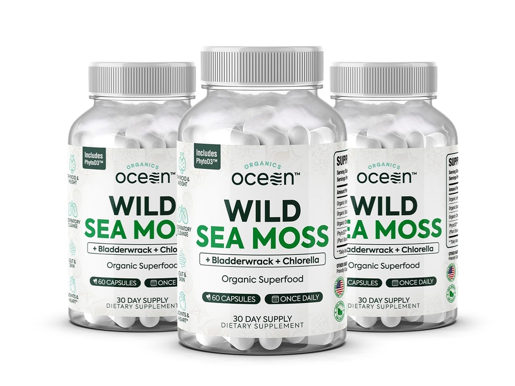 Organics Ocean Wild Sea Moss Capsules - 100% Organic Irish Sea Moss with Organic Chlorella, Bladderwrack and Vitamin D for Energy, Lung Health and Thyroid Support for Women and Men - 3 Bottles