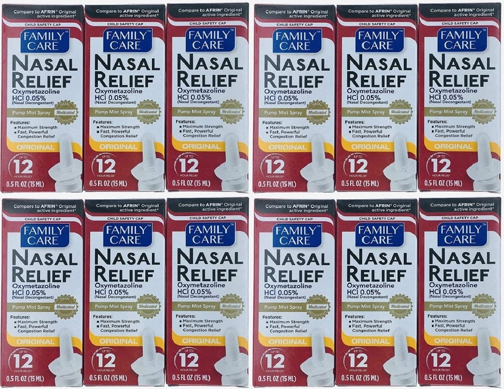 (12 paket) Nasal Relief Spray, 12 saat Pump Mist (Oxymetazoline HCL) 0,5 fl ozz