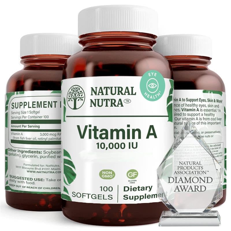 Doğal Nutra Vitamini 10.000 IU Softgels - Yüksek Potency Eye ve Skin Vitaminleri - Gluten-Free - Sight & Skin Health için Tamam - Erkekler ve Kadınlar için Balık Canlı Yağı, Gluten Free 250 Softgels (2 Pack)