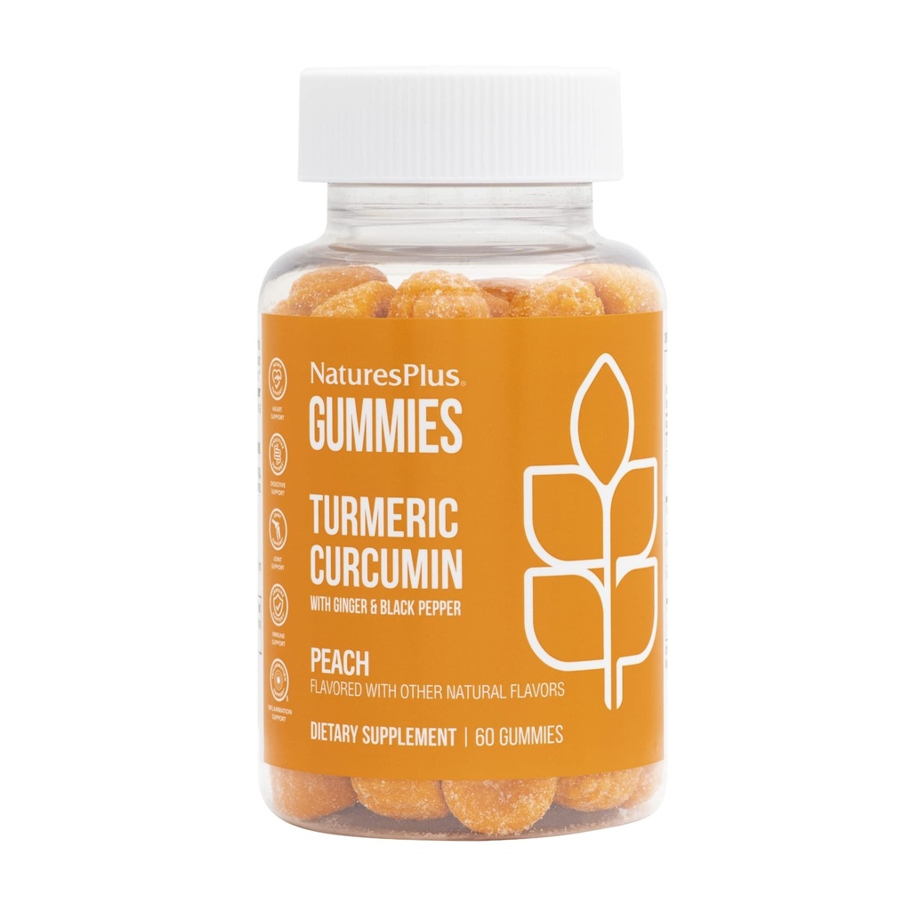 NaturesPlus Gummies Turmeric Curcumin - 60 Gummies, Peach - Supports Joint, Digestive & Cardiovascular Health - Vegan, Gluten Free, Non-GMO - 30 Hizmet