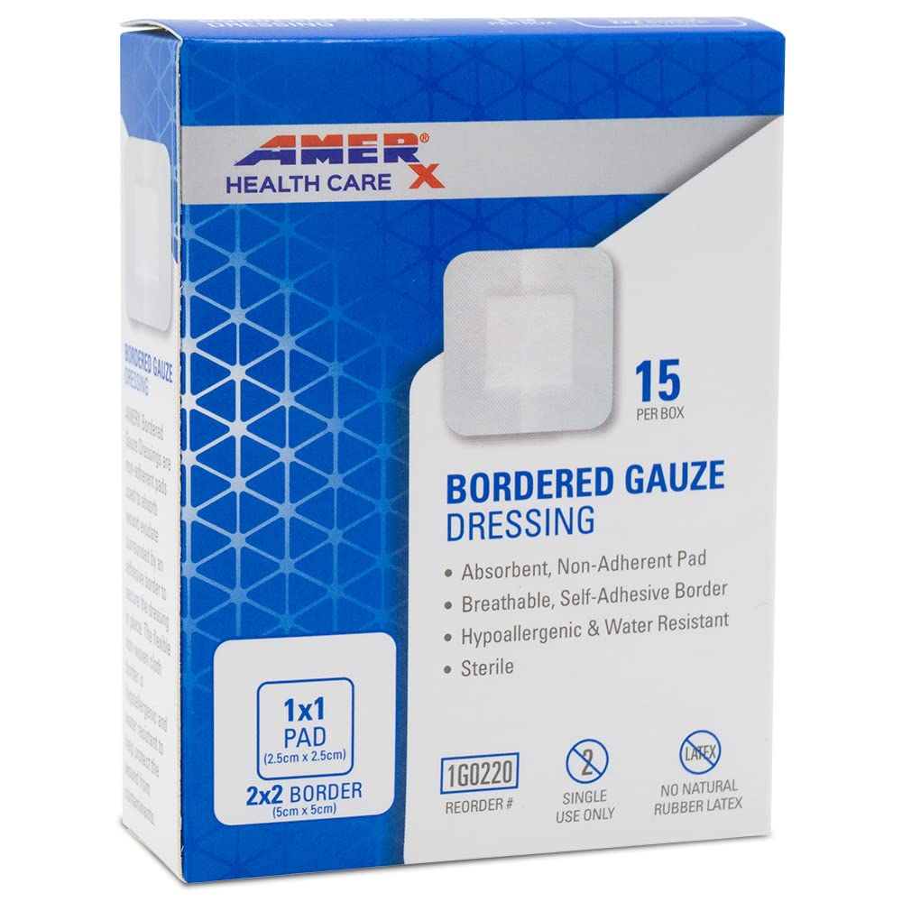 2" x 2" Giyinme (1x1 Pad) AMERX Sınırlanmış Gauze - Yapıştırıcı Bantlar - Suye Dayanıklı Engel - Kendi Yapıştırıcı Sınırı - Nefes alınabilir, Hipoallergenik - 15 Pads Per Box