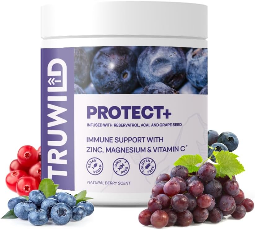 TruWild Protect+ Vegan Immune Support & Antioxidant, All Natural Vitamin C, Zinc, Magnesium, Resveratrol, Acai, Non GMO, Gluten Free Capsule Supplement Made in The USA cGMP, 30 Servings