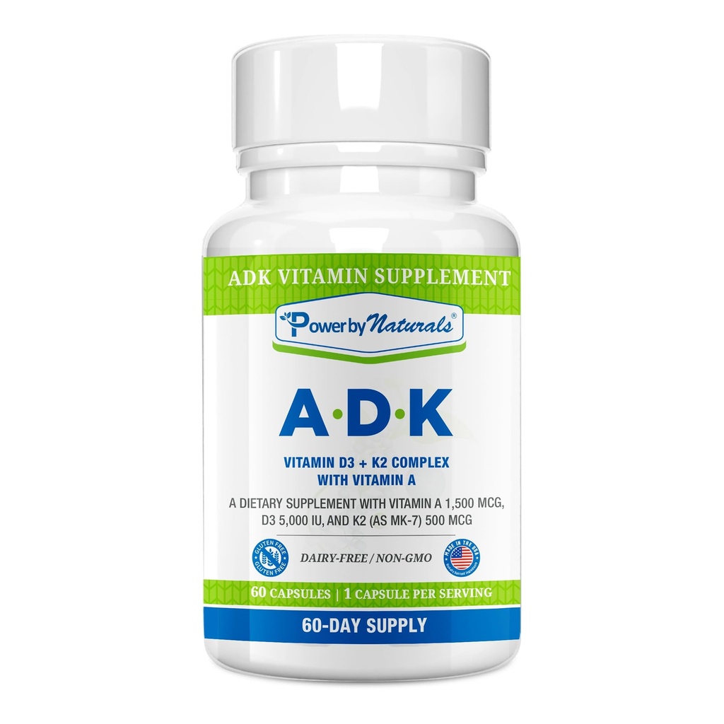 Power By Naturals ADK Vitamin Supplement - Yüksek Potency Meeting of VIT A D3 K2 Vitamin 5000 iu - Destek Bone, Heart & Immune Health - 60 Capsules (2 Ay Supply)