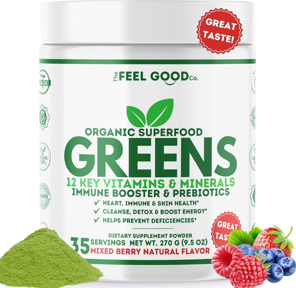 Feel Good Super Greens Toz - Organik Green Juice, Buğday Grass No add Sugar, Spirulina, Chlorella, Probiyotiks, Digestive Enzyme, Antioxy Rich, Immunity Boost Green Superfood, 35 SVG, Daily Green Juice,