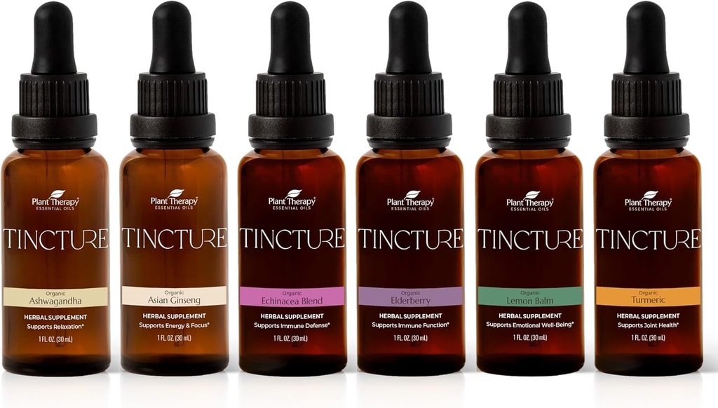 Plant Therapy Organic Tinctures Yeni başlayanlar 30 mL Her bir Organik Ashwagandha, Asya BTC, Echinacea Mix, Elderberry, Lemon Balm & Turmeric