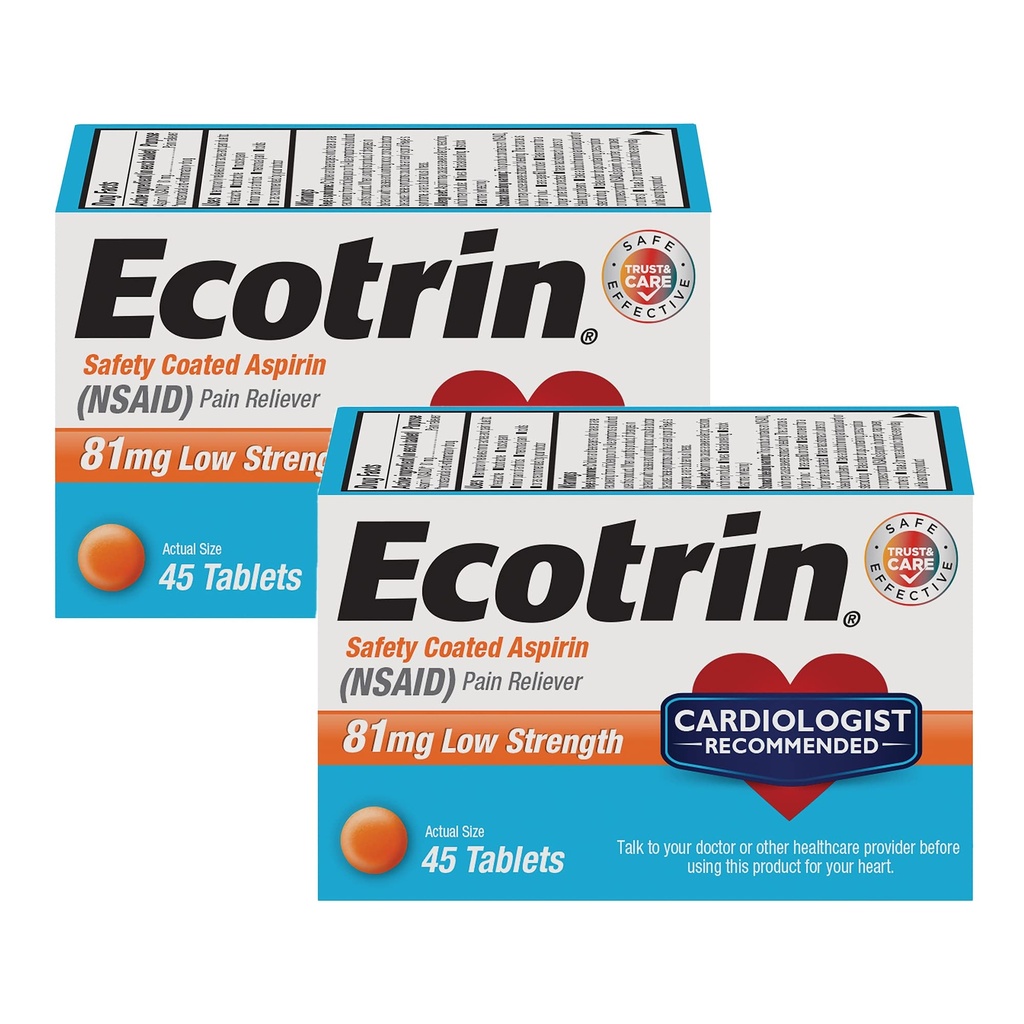 Ecotrin Low Strength Safety Kaplamalı aspirin, NSAID 81 mg, 45 sayı (2 Pack)