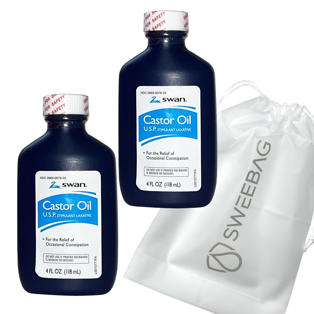 SWAN Castor Oil USP 100% Stimulant Laxative for Relief of Occasional Constipation 4 Fl Oz (Pack of 2) Plus Bag Güçlü ve Su Su Yalıtımı