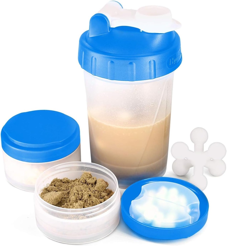 16oz Protein Shaker Şişe Shaker Ball ve 2 Storage Jars ile | Ted-Free Plastik Kupası Clear Ölçüm Ölmüş | Protein Mixes ve Pills için Mükemmel | Portatif Pre-Workout Drink Cup (Mavi)