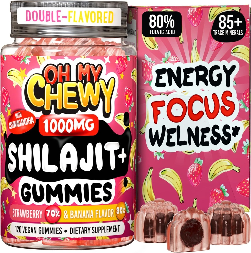 Pure Himalayan Shilajit Gummies - High Potency Gold Grade Resin - Energy Boost and Immune Support for Men and Women with Ashwagandha and Shatavari - 120 Gummy - Strawberry & Banana