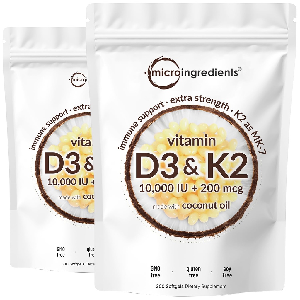 Micro Ingredients Vitamin D3 10,000 IU + K2 MK-7 200 mcg, 600 Softgels with Virgin Coconut Oil (2 Pack) | 2-in-1 Vitamins D & K Complex | Extra Strength, Easy to Swallow, Non-GMO, Gluten Free