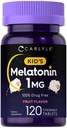 Carlyle Kids Melatonin 1mg | 120 Chewable Tabletler | Meyve Flavor | Vegetarian Supplement | Non-GMO, Gluten Free Formula