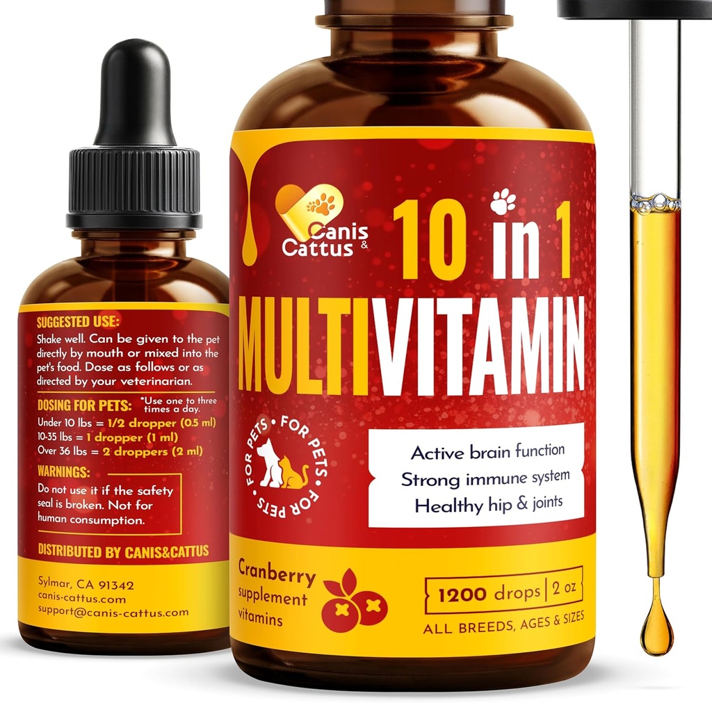 Köpekler ve Kediler için 10in-1 Multivitamin - Daily Glucosamine, B, C & D3 Destek - Cranberry & MSM ile Sıvı Supplement - 2 oz