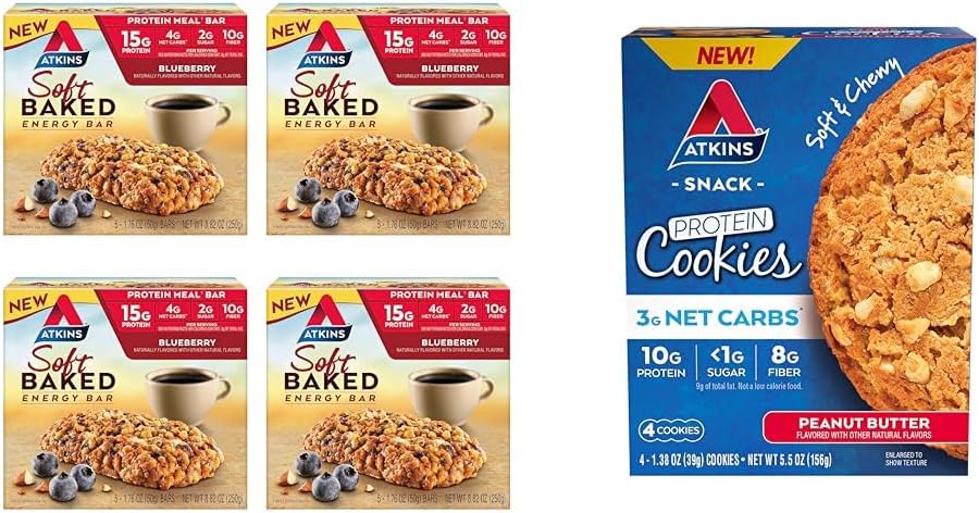 Atkins Soft Baked Energy Bars, Blueberry, 15g protein,2g Sugar, Mükemmel Kaynak & Peanut Butter Protein Cookie, Protein Dessert, Fiber'te Zengin, 3g Net Carb, 1g Sugar, 15g Protein,2g Sugar, Mükemmel Kaynak & Peanut Butter Protein Cookie, Protein Dessert, Rich in Fiber, 3g Net Carb, 1g Sugar