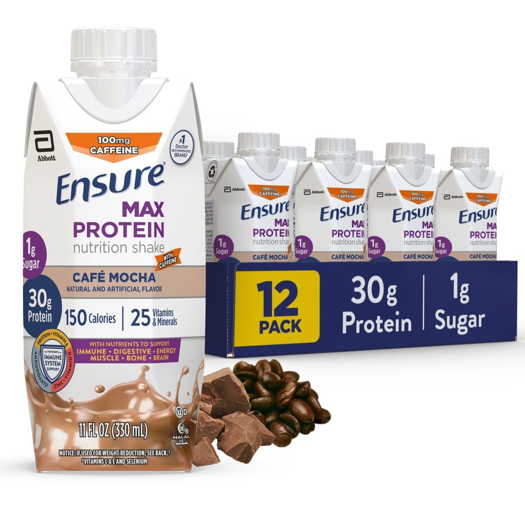 Max protein Cafe Mocha Beslenme Shake | 30g protein, 1g Sugar, 4g Fiber Mix | 12 Pack