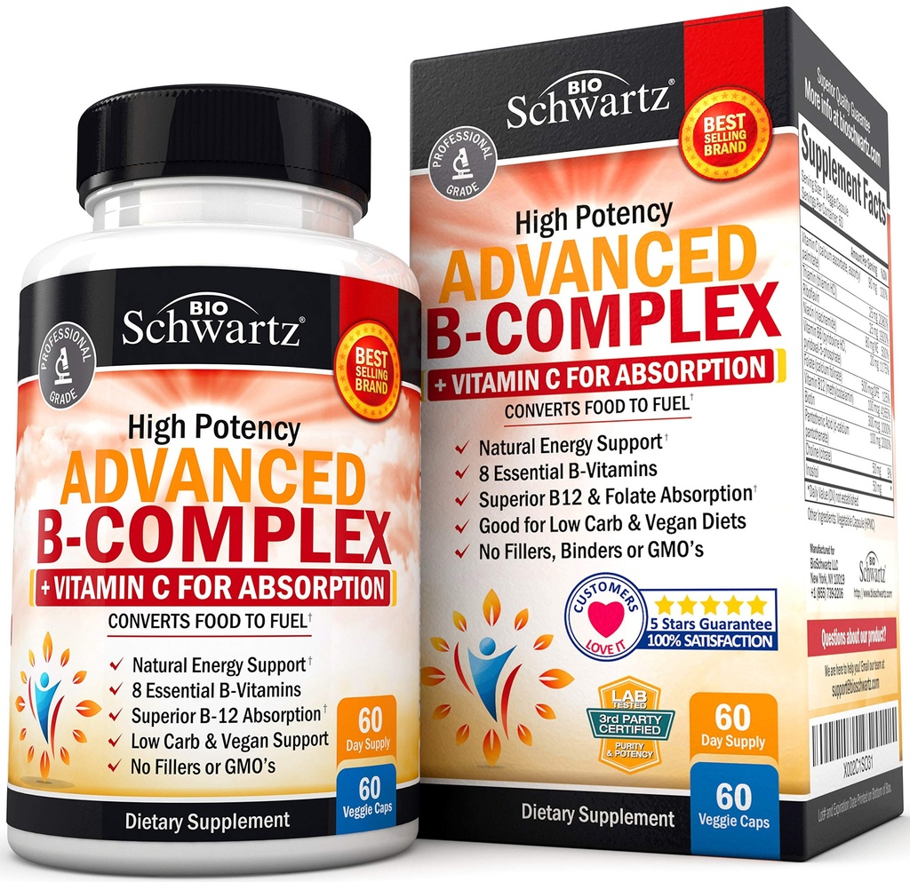 Vitamin C ile B Kompleksi En Az Apsiyon - Mecobalamin b12 & Folate Folic Asit Supplement - B1 B2 B3 B5 B6 B7 B9 Immune Energy & Nervous System Support - Non-GMO, 60 sayı