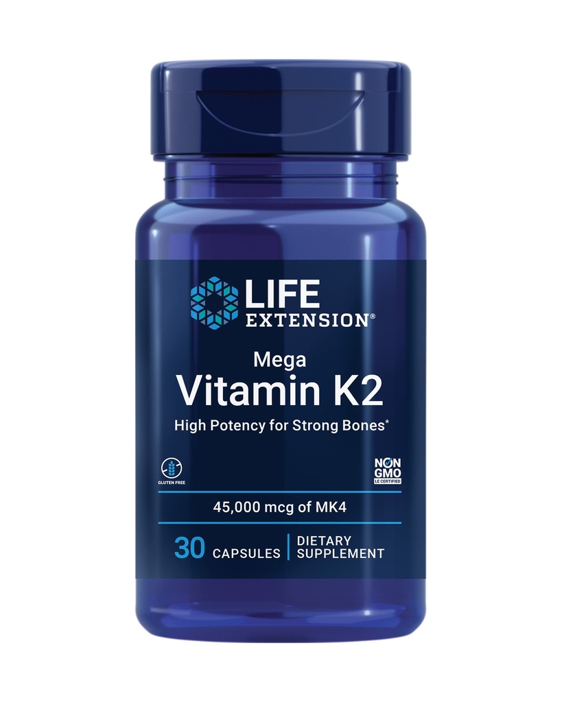 Life Extension Mega Vitamin K2 Güçlü Bones için Yüksek Potency, klinik olarak Studied 45 mg K2 Dosage, Sağlıklı Kemik Yoğunluğu, Gluten-Free, Non-GMO, 30 Capsules